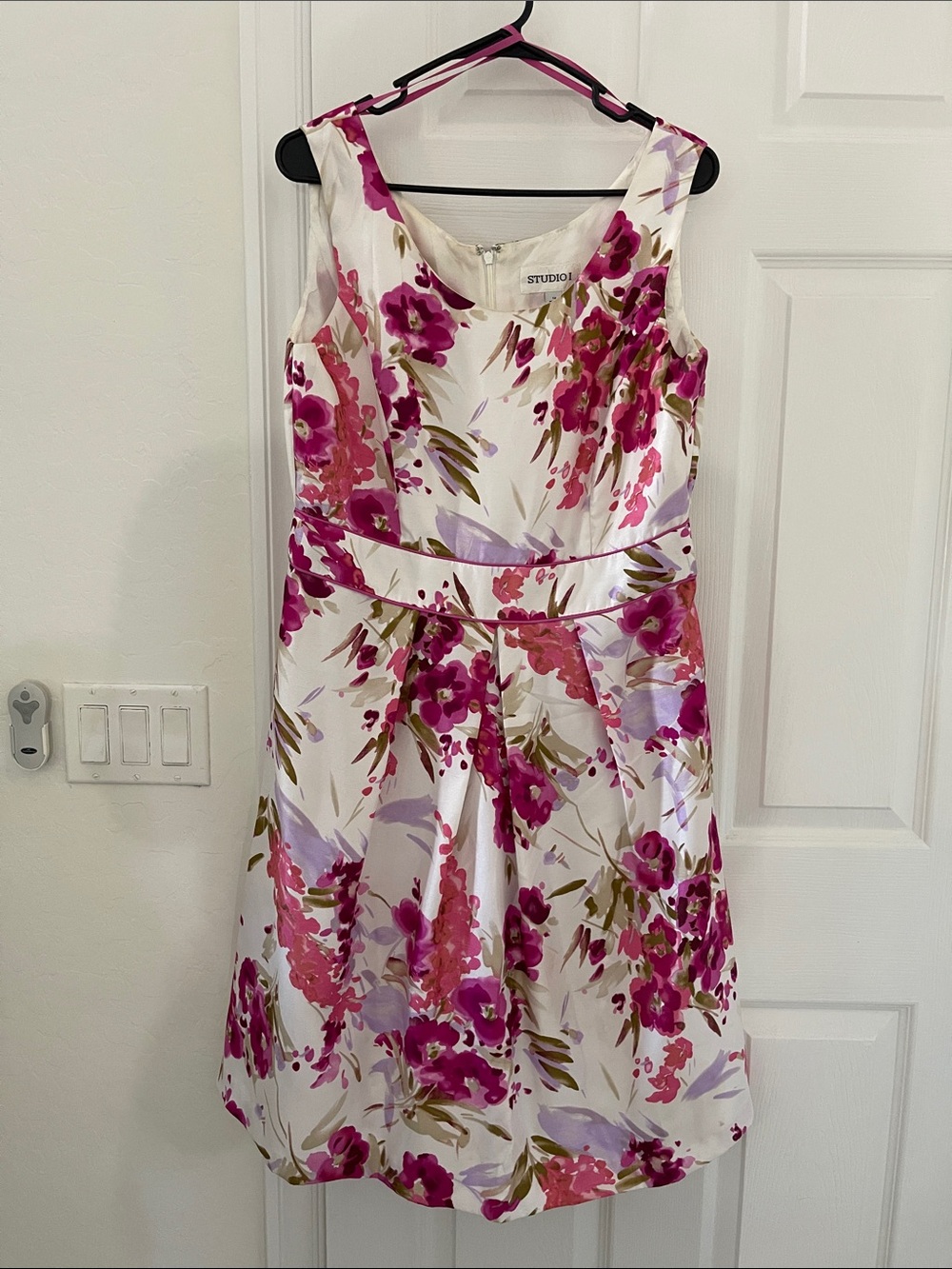 Studio 17 White Floral Cocktail Dress with Pink and Olive Accents